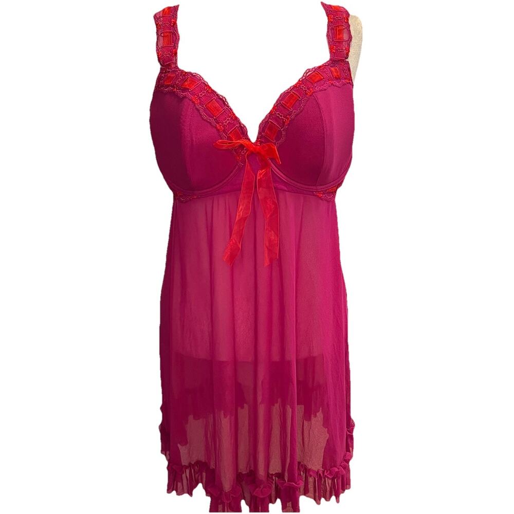 Cacique Babydoll Chemise 22/24 Magenta Sheer Chiffon Bow Underwired Lingerie Y2K